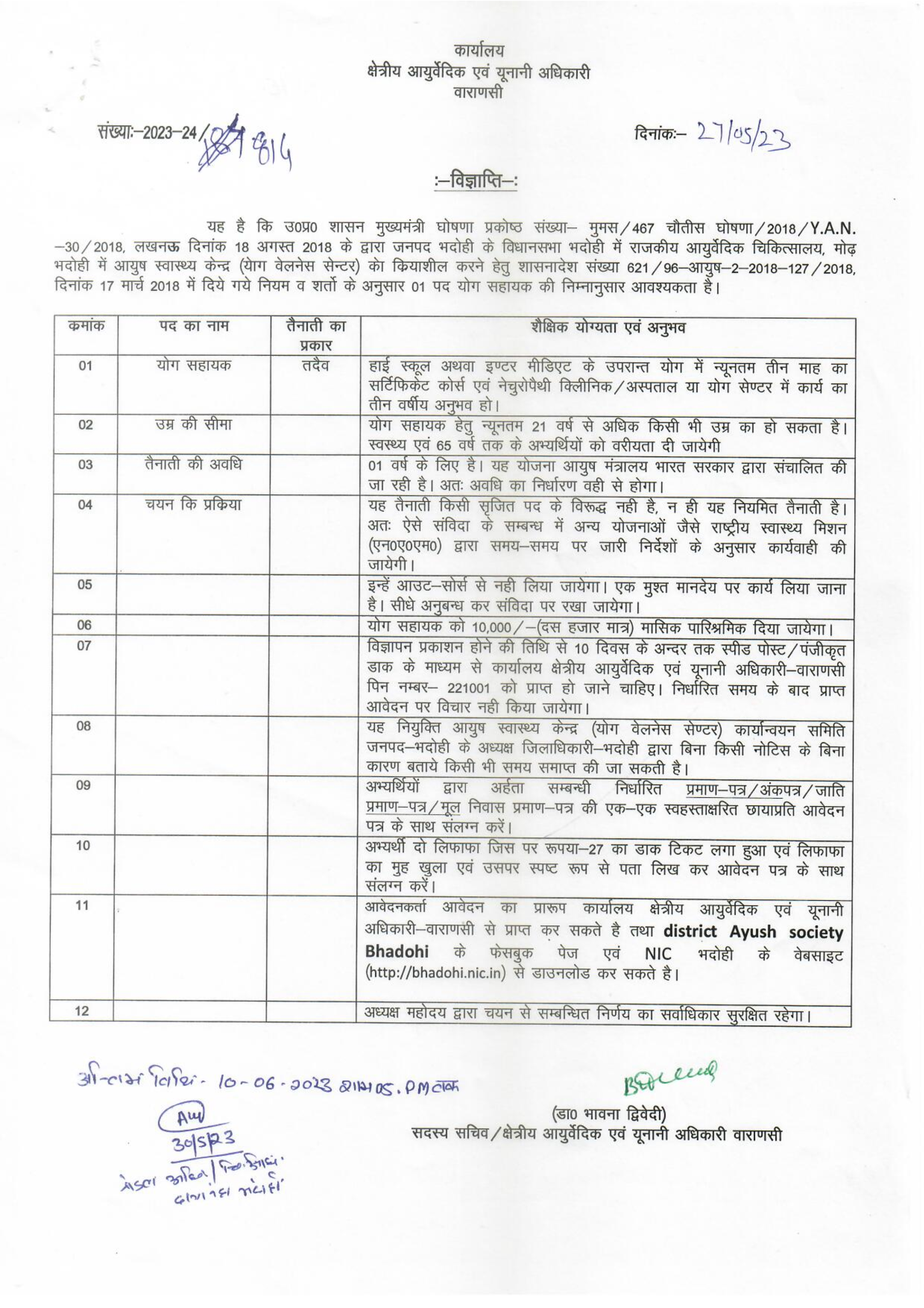 Yoga Assistant Position - Regional Ayurvedic Officer, Bhadohi