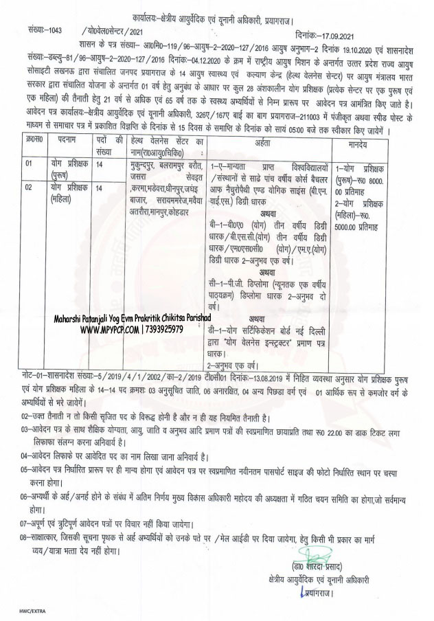 Yoga Teacher Vacancy Uttar Pradesh